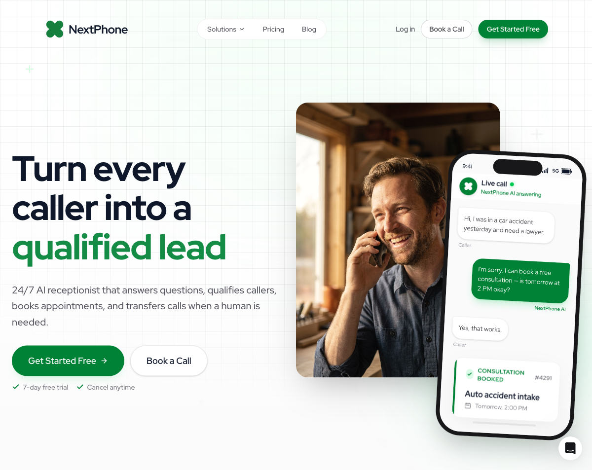NextPhone AI receptionist answering a car-accident caller and automatically booking a legal consultation